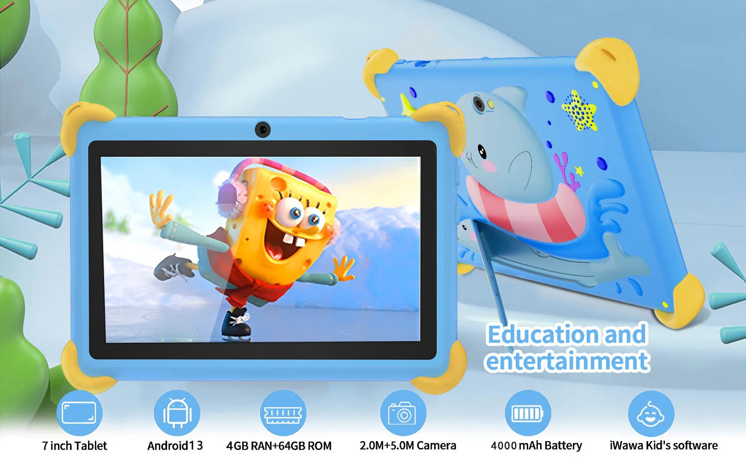 7 Inch 5G Kids' Tablet with Cartoon Pattern Android Learning Education PC with Kids-Proof Case 4000mAh Tablet