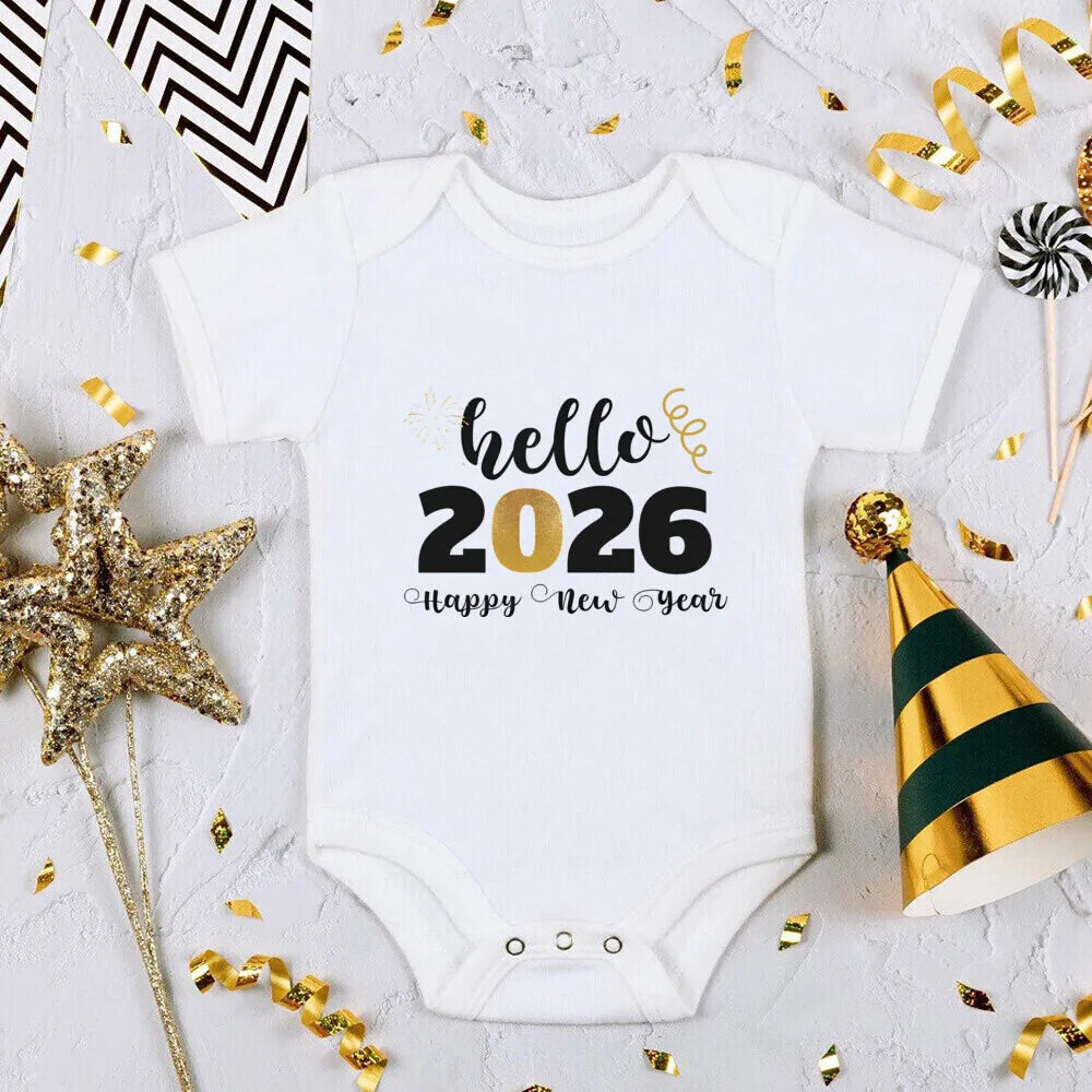 Hello 2026 Happy New Year Family Matching Outfits Dad Mom and Daughter Son Tshirt Baby Romper Family Look New Year's Clothes