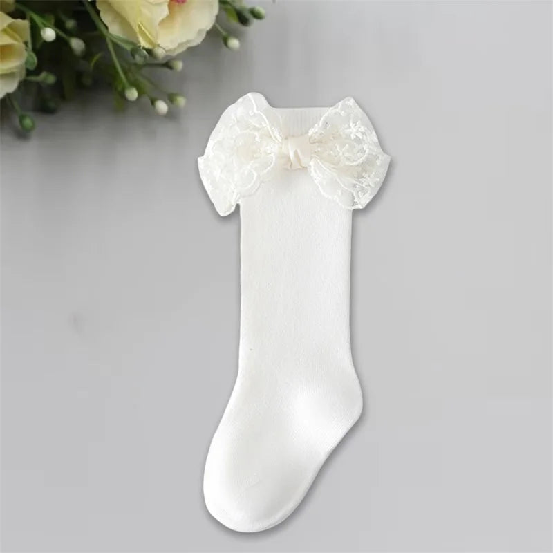 Adorable Baby Girl Knee-High Socks with Lace Bow Detail and Non-Slip Grip - Perfect for Spring and Summer Wear