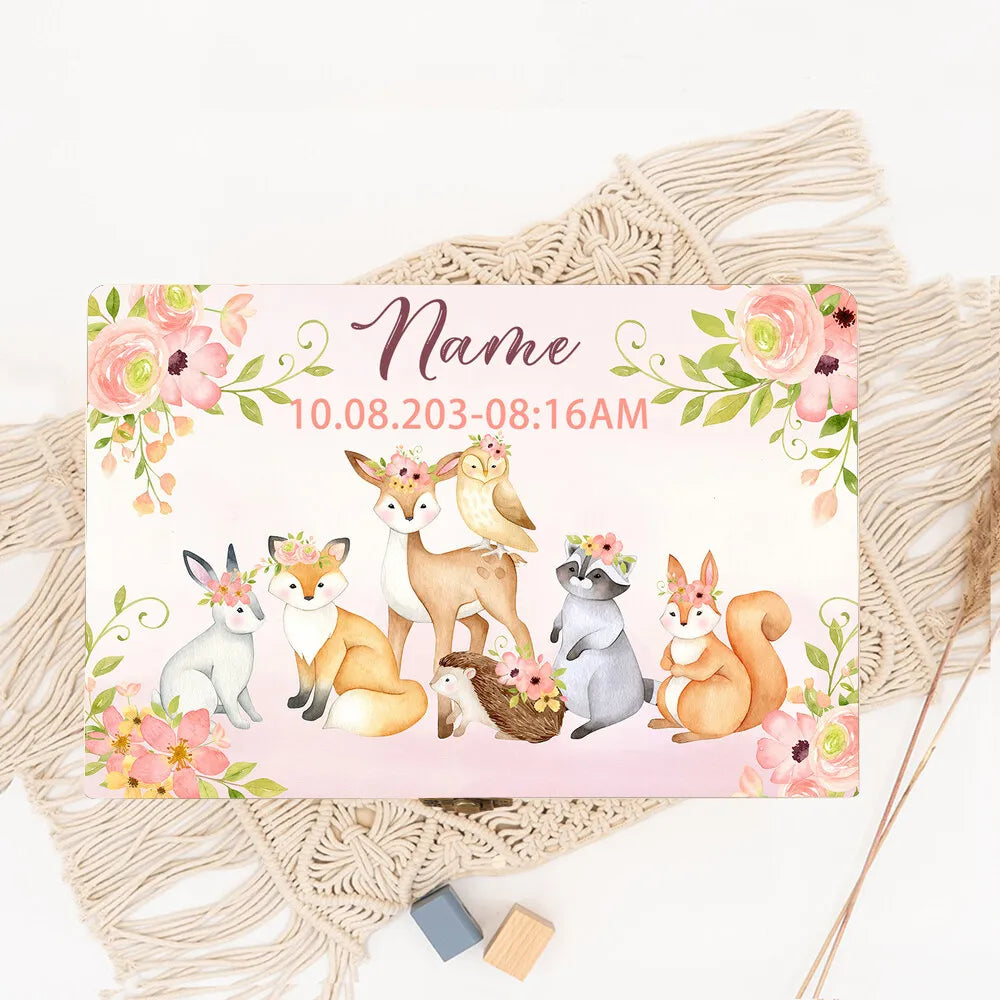 Personalized Baby Memory Box Custom Forest Animal Wooden Box Newborn Shower Gift Infant Birth Stats Present Baby Storage Box