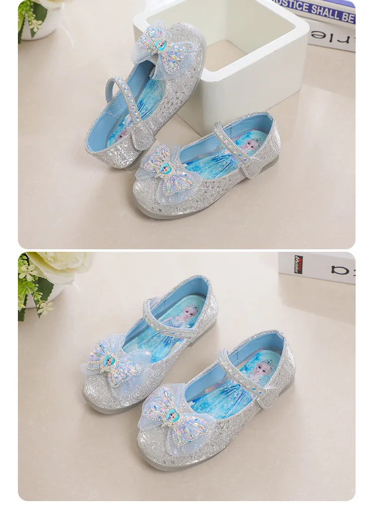 Kids'Casual Shoes Elsa Princess Frozen PU Leather Crystal Bow Spring Shoes For Girls Anti-slip Pink Blue Shoes Size 26-36
