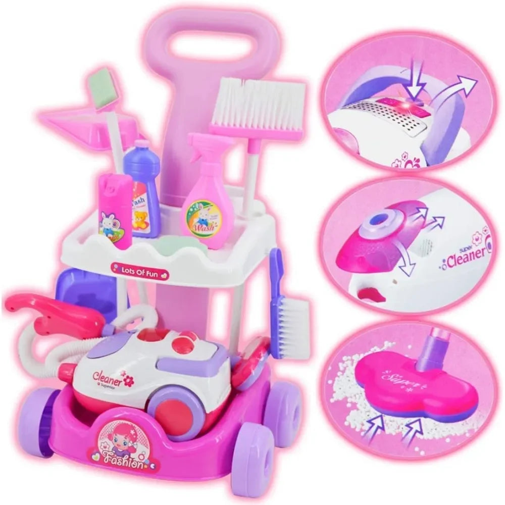 Housekeeping Cleaning Trolley Playset Caddy Includes Accessories and Toy Vacuum with Sounds and Lights Pretend Play for Girls