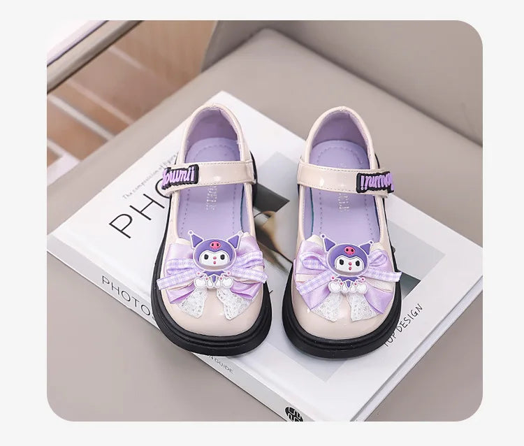 Kids'Sandals Kuromi PU Leather Bow Flat Spring Shoes For Girls Anti-slip Soft Thick Bottom White Black Shoes Size 26-36