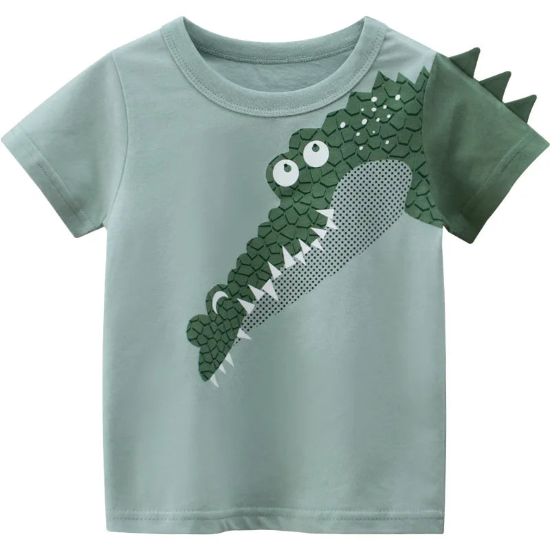 2025 Summer 2 3 4 5 6 8 10 Years Children'S Clothing Dinosaur Car Striped Tees All Match Basic Tops Cartoon T-Shirt For Kids Boy
