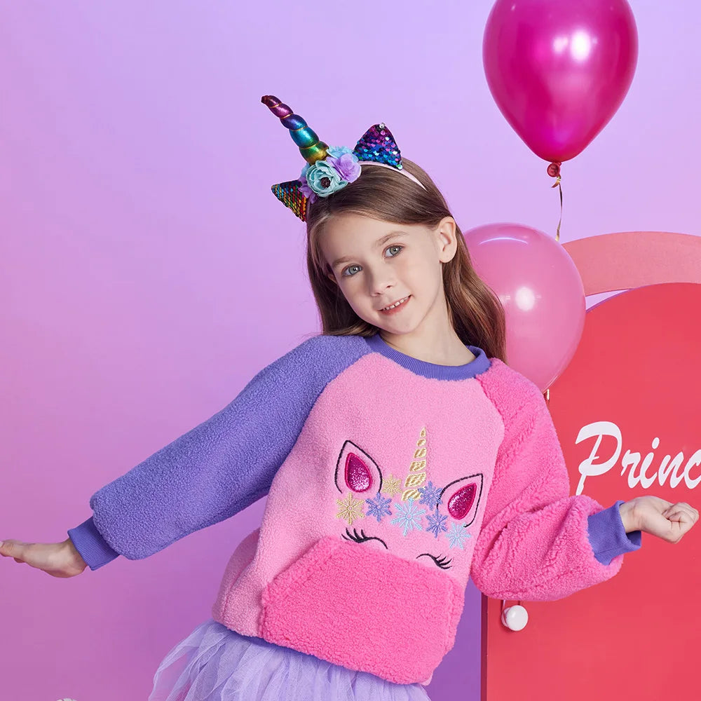VIKITA Girls Fleece Sweatshirts Kids Autumn Winter Unicorn Appliqued Long Sleeve Sports Casual Outwear Children's Tops Pullover