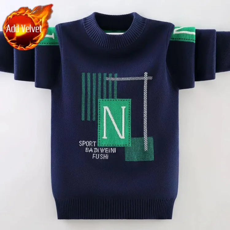 Autumn Winter Boys' Fleece-Lined Thickened Knitwear Pullover Sweater Base Layer for Boys Medium-Large Size Fashionable Knitwear