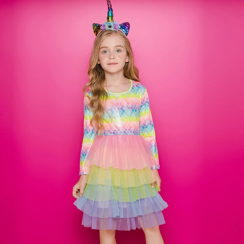 VIKITA Meerjungfrauen-Tutu-Kleid für Teenager und Mädchen, farbenfroh, gestuft aus Tüll und Netzstoff, Prinzessinnenkleid, Kostüm für Kinder von 3-12 Jahren