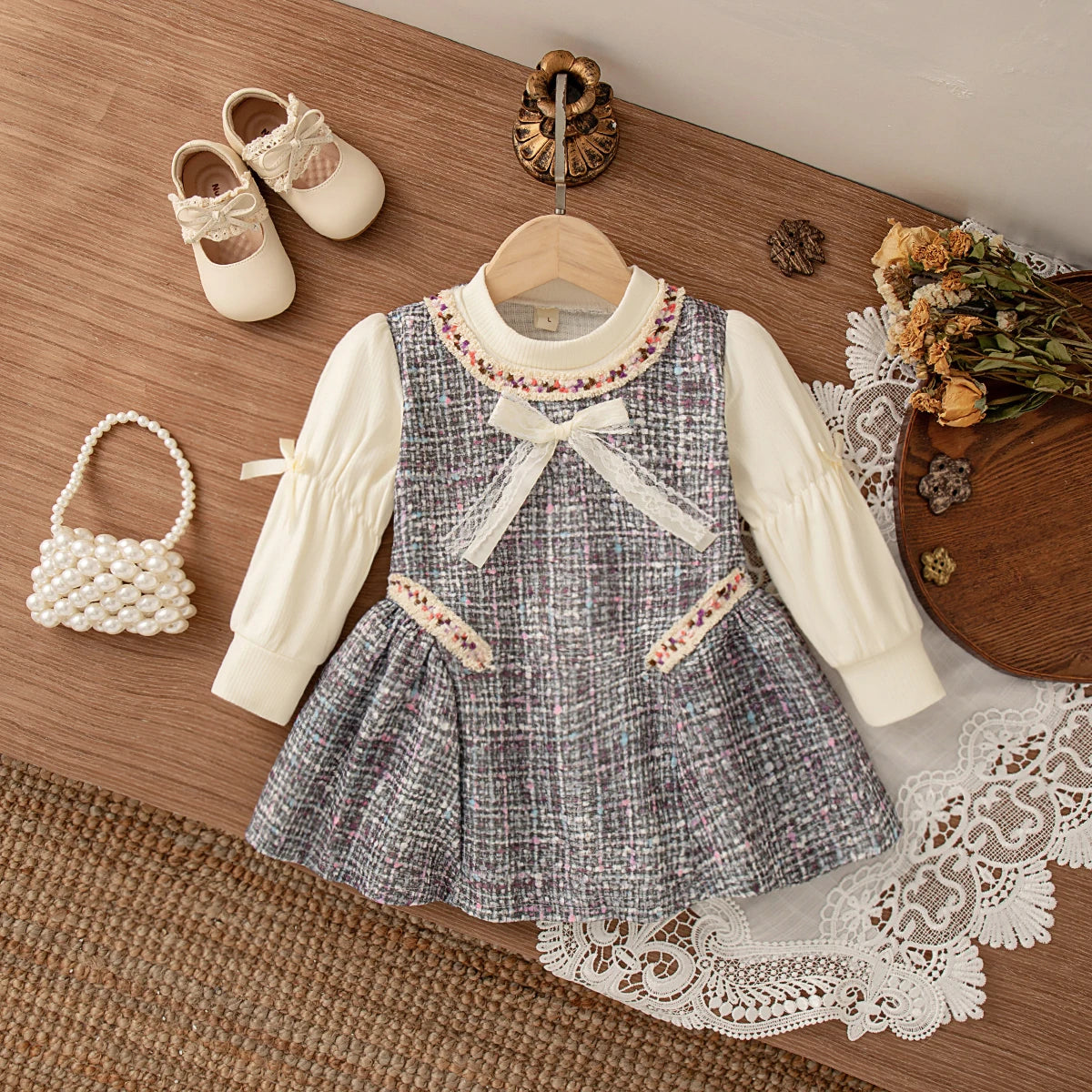 Spring And Autumn New Bow Long Sleeve Baby Girl Dress, Princess Style Children'S Clothing For Babies Aged 9 Months To 3 Years