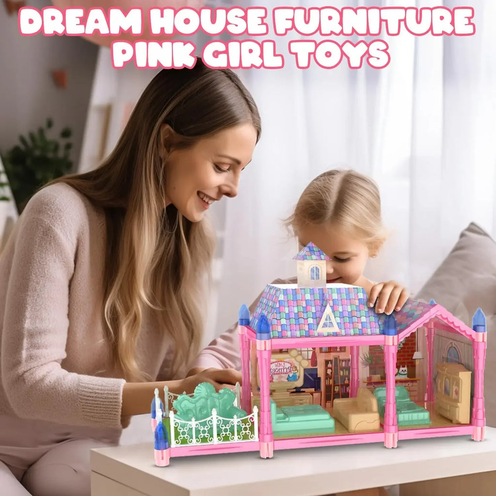 Luminous Doll House Dreamhouse for Girls Princess Playhouse Set with Dolls Furniture Accessories Pretend Play Birthday Gifts