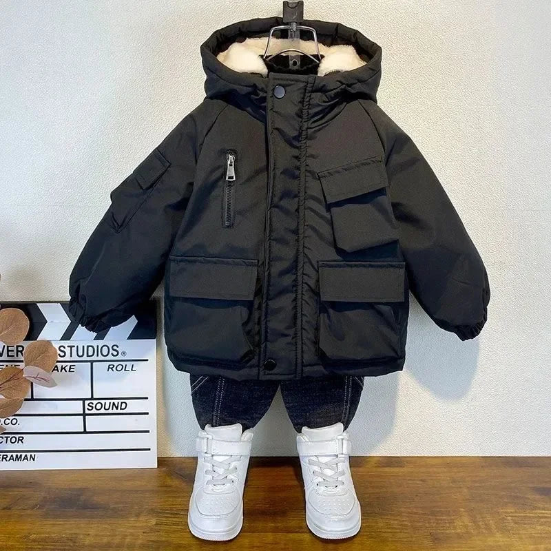 New Winter Down Cotton Jacket Boys Black Hooded Coat Children Outerwear Clothing Teenage 3-8Y Kids Parka Padded Snowsuit