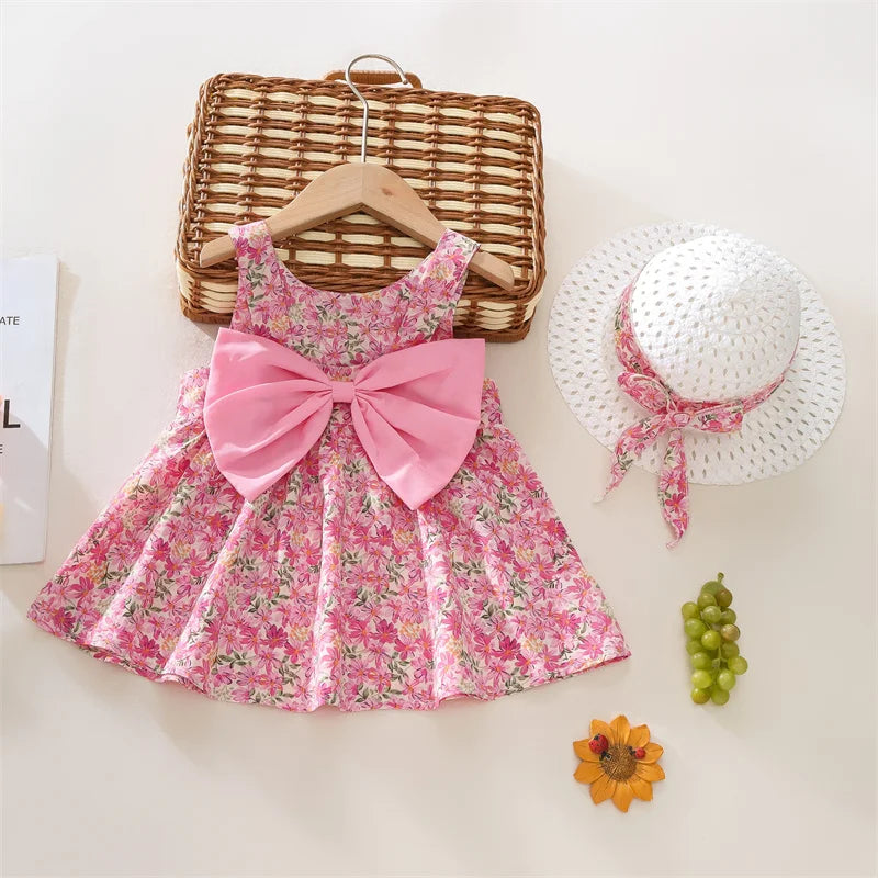 Summer New Floral Baby Girl Dress, Sweet Rose Red Bow Children'S Clothing With Free Hat For Babies Aged 9 Months To 3 Years