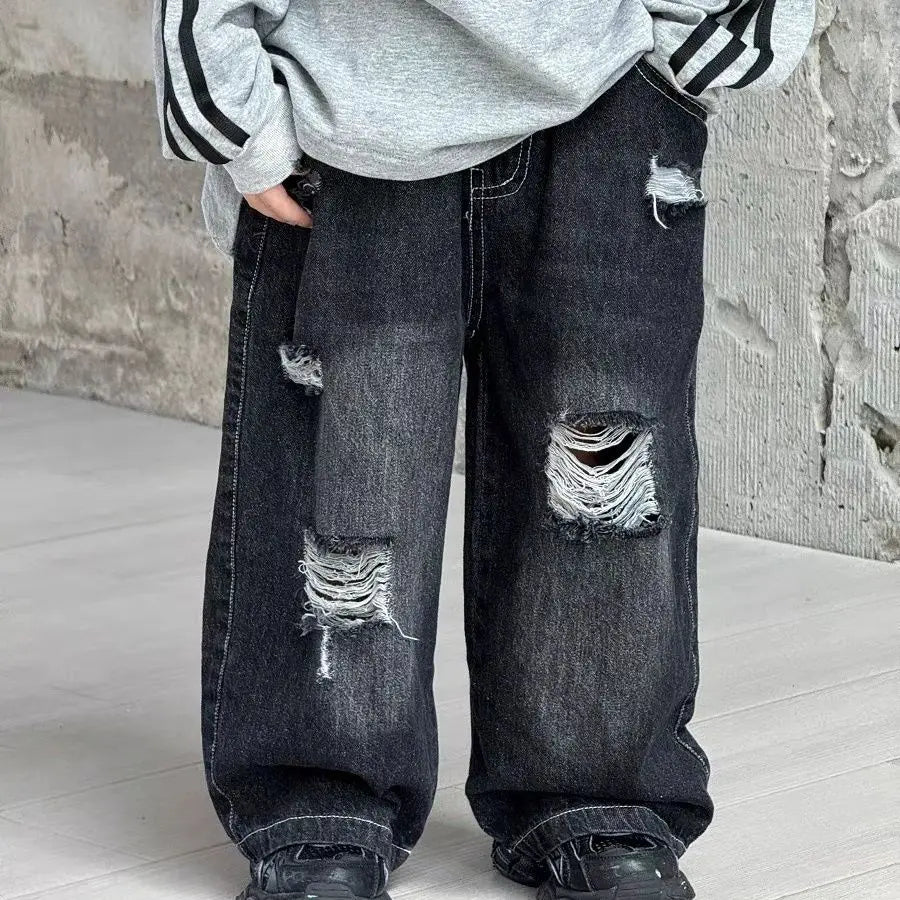 Kids' Korean Style Ripped Jeans Edgy Streetwear Pants for Toddler Boys & Girls Spring/Fall