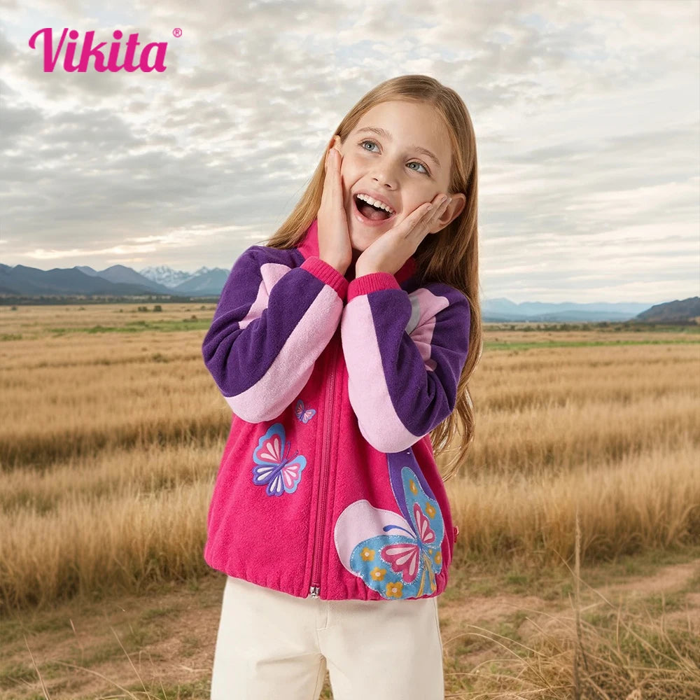 VIKITA Kids Autumn Spring Sports Wear Girls Butterfly Print Fashion Coats Teenagers Zipper Warm Soft Daily School Casual Jackets