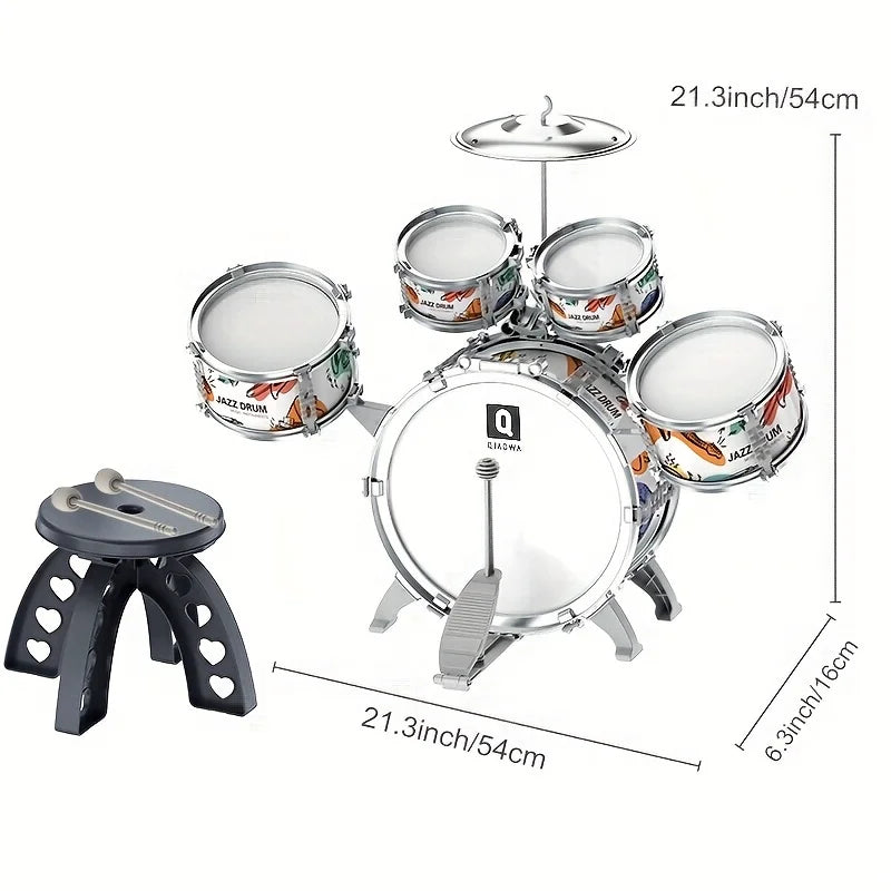 Kids Drum Set Toddler Jazz Drum Kit Toys with Stool Pedal Percussion Musical Instruments Drum Toy Early Education Gift for Boys