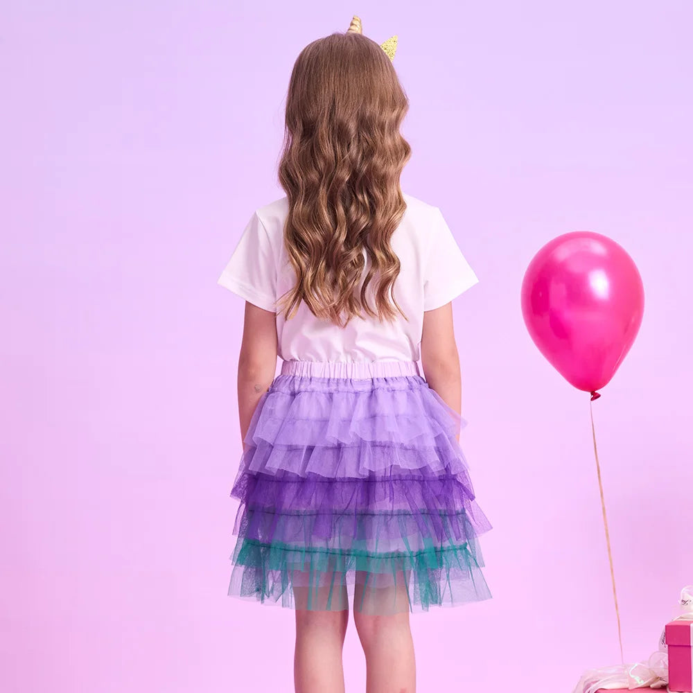 VIKITA Kids Mesh Tulle Layered Cake Tutu Skirt with Bow Knot Girls Mermaid Party Performance Casual Princess Mini Skirts 3-12Y
