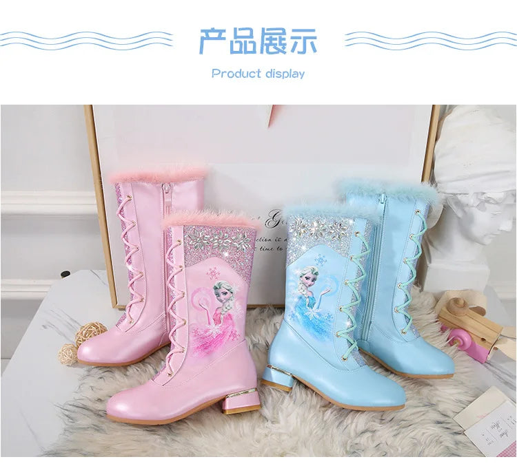 Disney Girls' Leather Boots Winter Cartoon Frozen Boots Side Zipper High Plush Princess Elsa Boots Warm Children's Boots Size 27