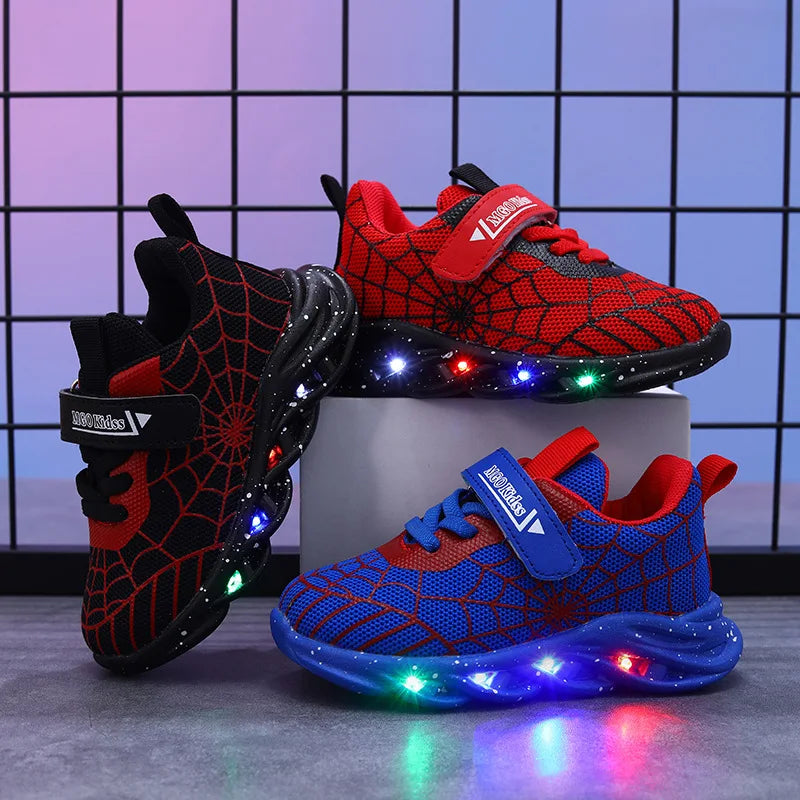 Disney LED Casual Sneakers Spider-Man Red Black For Spring Boys Mesh Outdoor Shoes Children Lighted Non-slip Shoes Size 21-30