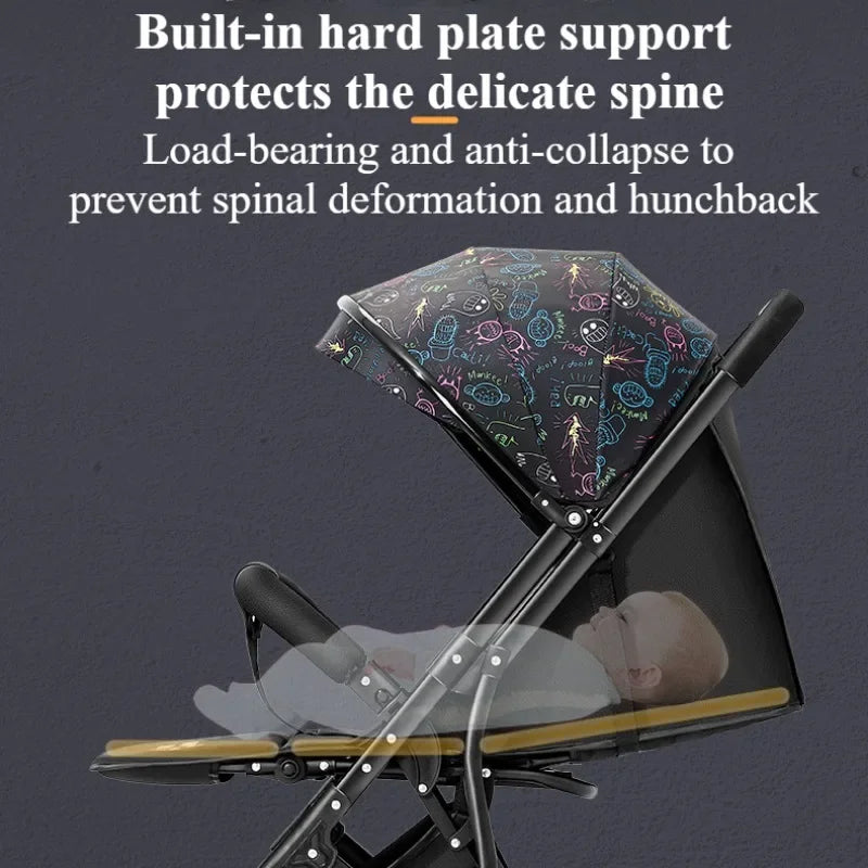 One Click Folding Baby Stroller Can Sit & Lying Foldable Portable Lightweight Baby Strolling Cart Large Space Adjustable Backset