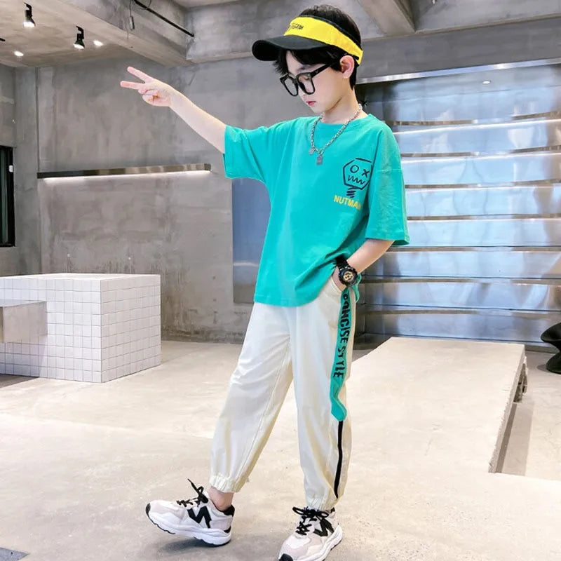 4-12 Years Teen Summer Boys Clothing Sets Fashion Letter Short Sleeve T-shirt Pants 2Pcs Suit For Kids Children Casual Outfits