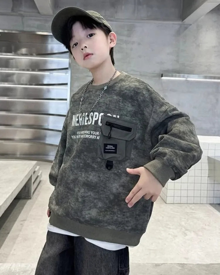 Boys' Middle/Big Kids 2025 New Spring/Autumn Long Sleeve Korean Style Edgy Loose Fit Sweatshirt Tops