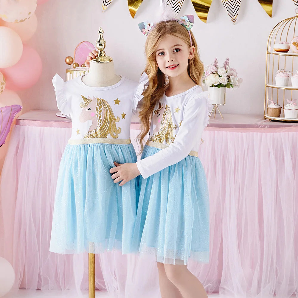 VIKITA Kids Licorne Cartoon Print Dress Girls Flare Sleeve Autumn Spring Winter Vestidos Girls Princess Mesh Tulle Party Dress