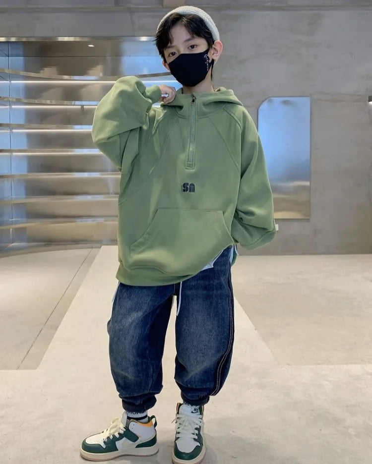 2025 New Boys' Mid-Large Spring-Autumn & Autumn-Winter Fleece-Lined Thickened Hooded Hoodie - Trendy Streetwear Boys' Top