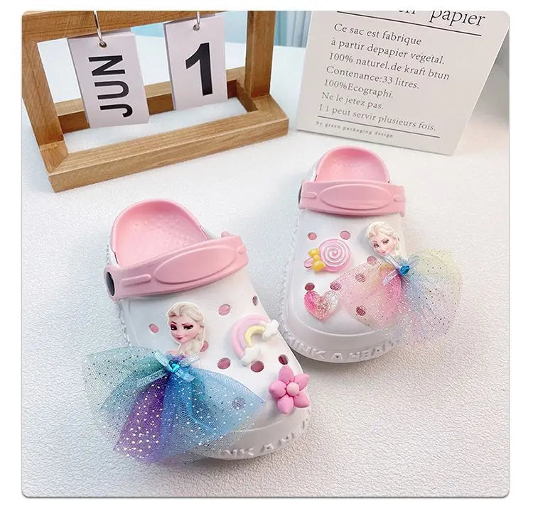 Disney Girls' Slippers Summer Princess Elsa Children's Girls Hole Shoes Summer Frozen Slippers Blue Pink Shoes Size 24-40