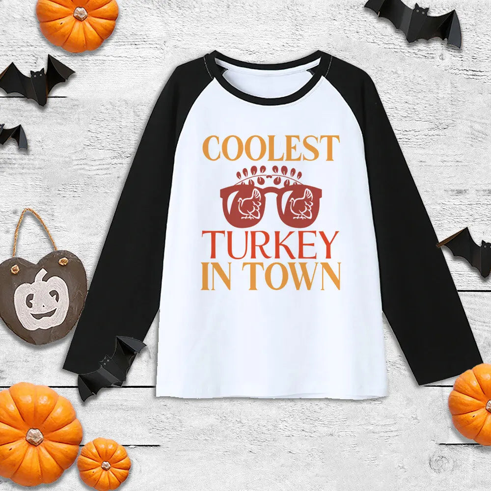 Thanksgiving Boys Girls Shirt Coolest Turkey In Town T-Shirt Kids Thanksgiving Cute Clothes Gift Tee Child Sibling Raglan Shirt