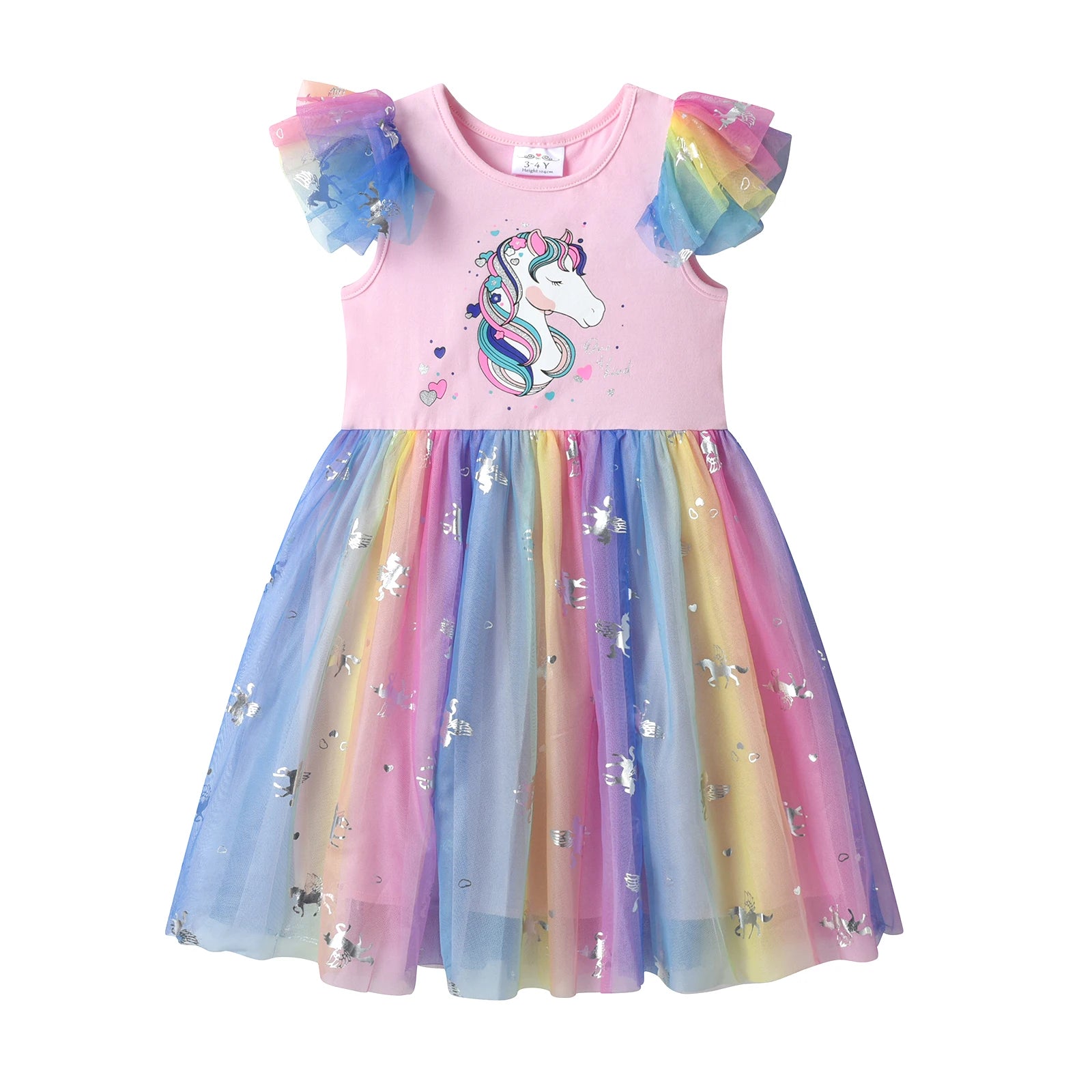 VIKITA Girls Tutu Dress Toddlers Summer Flare Sleeve Princess Dresses Girl Unicorn Cartoon Party Layered Dress Children Clothing