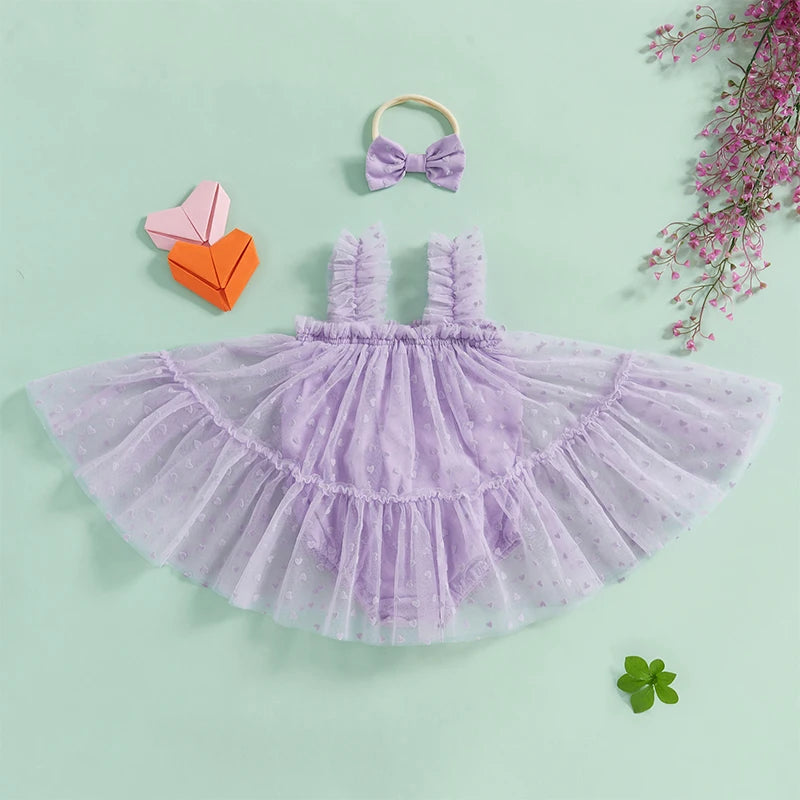 Toddler Girls Floral Print Ruffle Sleeve Romper Dress with Matching Headband Set for Summer Beach Outfit