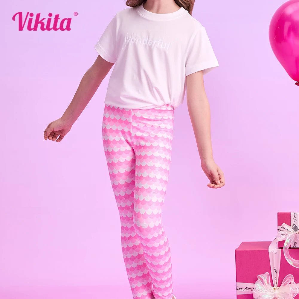 VIKITA Girls Leggings for Kids Striped Print Casual Daily Pencil Pants Toddlers Skinny Pink Trousers Children Clothes 3-12 Years