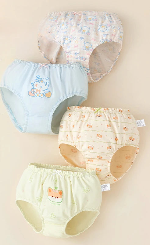 4PCS Cotton Soft Antibacterial Briefs for Girls Breathable Comfort Panties 3+y Young Children Clothing Kids Cute Print Underwear