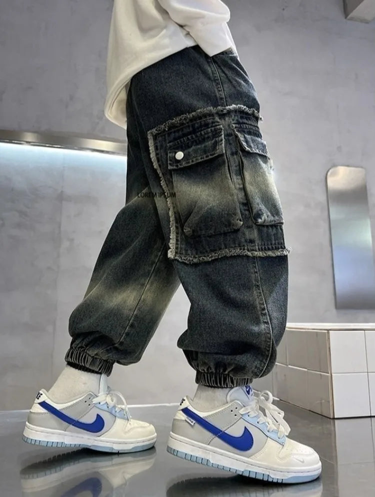 2025 Boys' Cargo Pants All-Season Washed Tie-Dye Denim Long Pants Trendy Casual Style