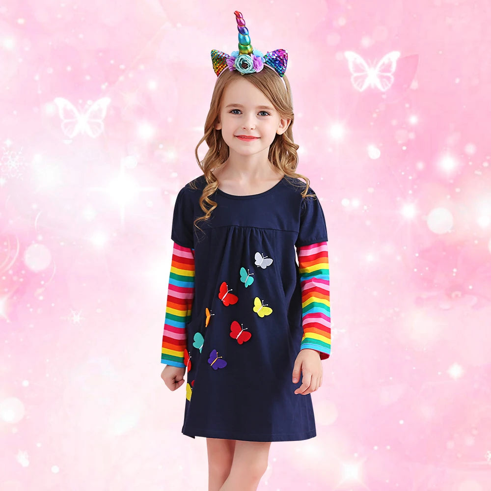 DXTON Winter Toddler Girl Clothes Rainbow Long Sleeve Girls Dresses Butterfly Cotton Children Casual Dress for Kids 2-12 Years