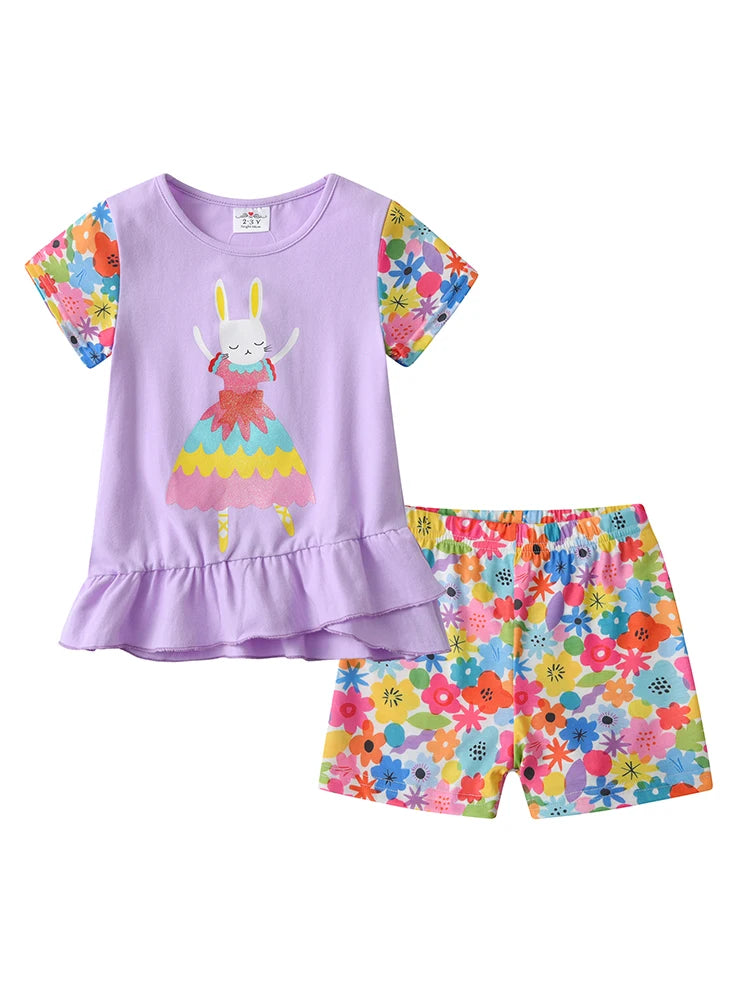 VIKITA Girls Clothing Sets for Summer Kids Rabbit Floral Print Cotton Short Sleeve T Shirt and Pants 2 Pcs Suit Clothes Sets