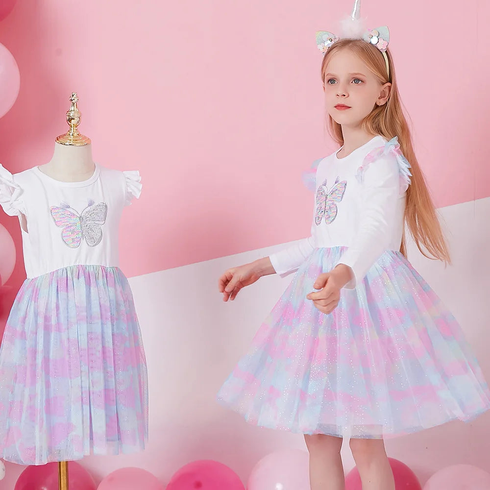 VIKITA Girls Summer Casual Dresses Toddlers Butterfly Sequins Flare Sleeveless Patchwork Princess Dress Girl Party Dresses 3-8 Y