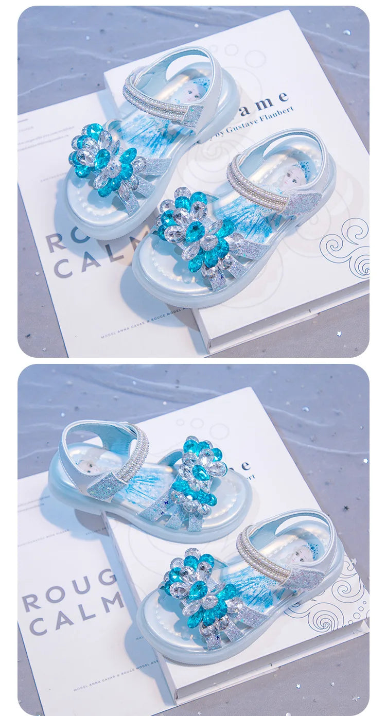 Kids' Sandals Elsa Princess Frozen PU Leather Crystal Summer Flat Shoes For Girls Breathable Anti-slip Blue Pink Size 23-33