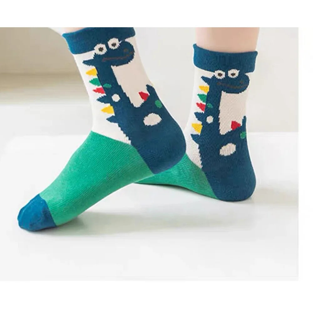 ‌Boys Girls Cartoon Dinosaur Mid-Crew Socks Soft Breathable Sport Striped Cotton Socks for Children Athletic Casual Outfit