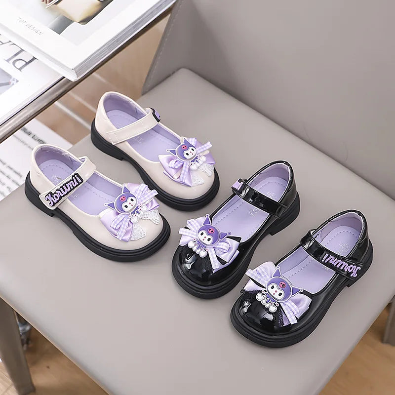 Kids'Sandals Kuromi PU Leather Bow Flat Spring Shoes For Girls Anti-slip Soft Thick Bottom White Black Shoes Size 26-36