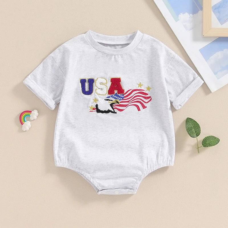 Independence Day Baby Romper with American Flag Print Round Neck Short Sleeve Bodysuit Toddler Patriotic Outfit for 4th of July
