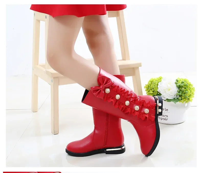 Girls Boots Autumn Winter Kids Princess Boots Lace Pearls with Bow-knot Sweet Warm Cotton Fur Lining Children Long Boots High