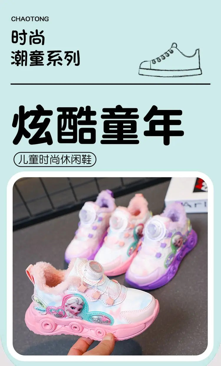 Disney LED Casual Sneakers Pink Purple For Summer Girls Frozen Elsa Princess Print Outdoor Shoes Children Lighted Non-slip Shoes