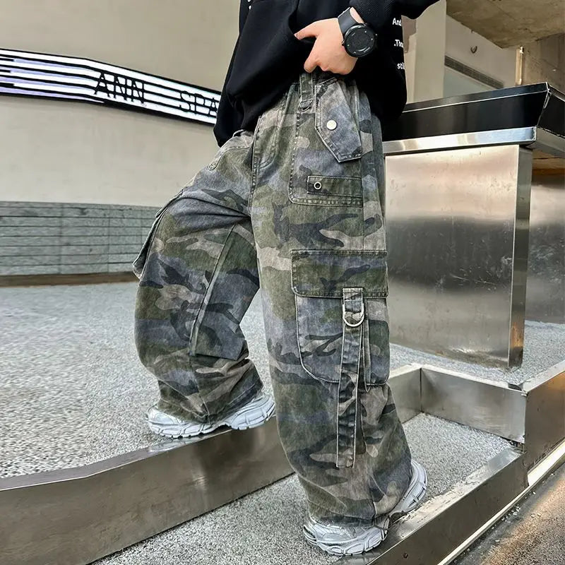 2025 New Boys Autumn Camouflage Tactical Pants - Kids Cargo Pants with Multiple Pockets, Trendy & Comfortable for 8-14 Years Old