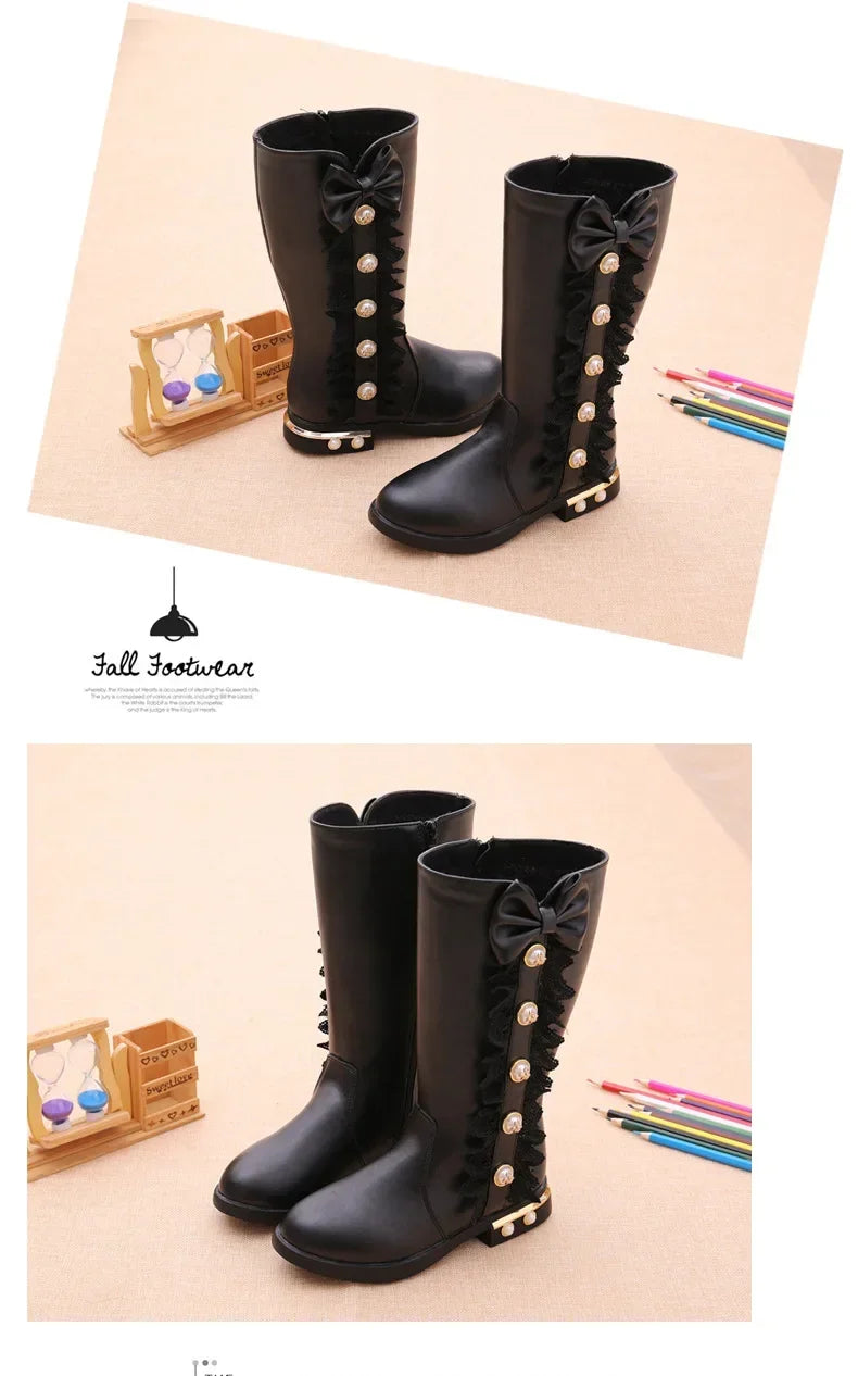 Girls Boots Autumn Winter Kids Princess Boots Lace Pearls with Bow-knot Sweet Warm Cotton Fur Lining Children Long Boots High