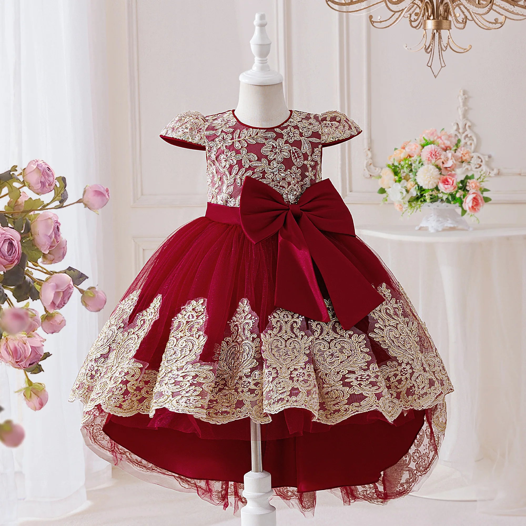 Elegant Embroidery Bow Bridesmaid Party Girls Dress Trailing Flower Wedding Birthday Princess Dresses Girl Evening Prom Vestidos