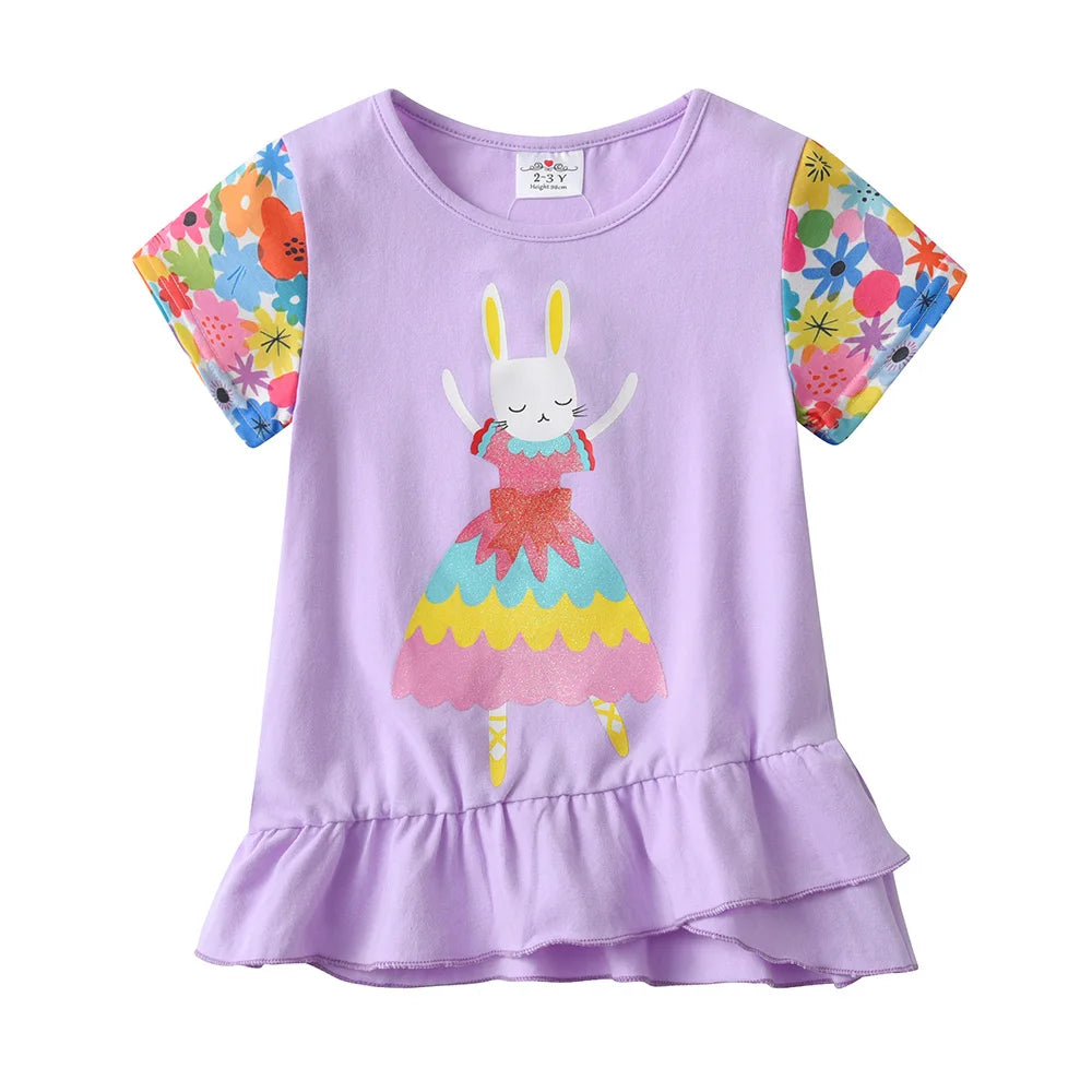 VIKITA Girls Clothing Sets for Summer Kids Rabbit Floral Print Cotton Short Sleeve T Shirt and Pants 2 Pcs Suit Clothes Sets