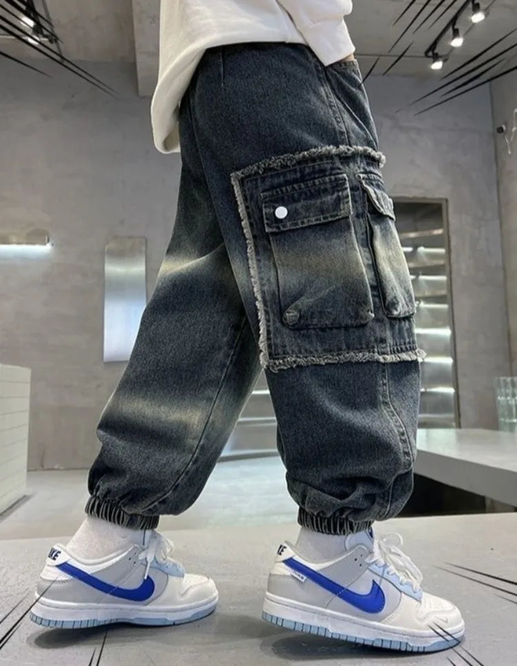 2025 Boys' Cargo Pants All-Season Washed Tie-Dye Denim Long Pants Trendy Casual Style