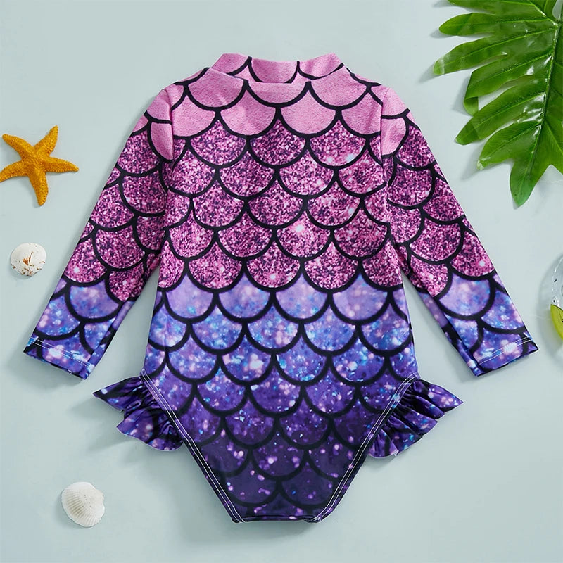 Mermaid Print  Swimsuit with Zipper Closure and Ruffled Mock Neck for Toddler Girls - UV Protection Rash Guard Bathing
