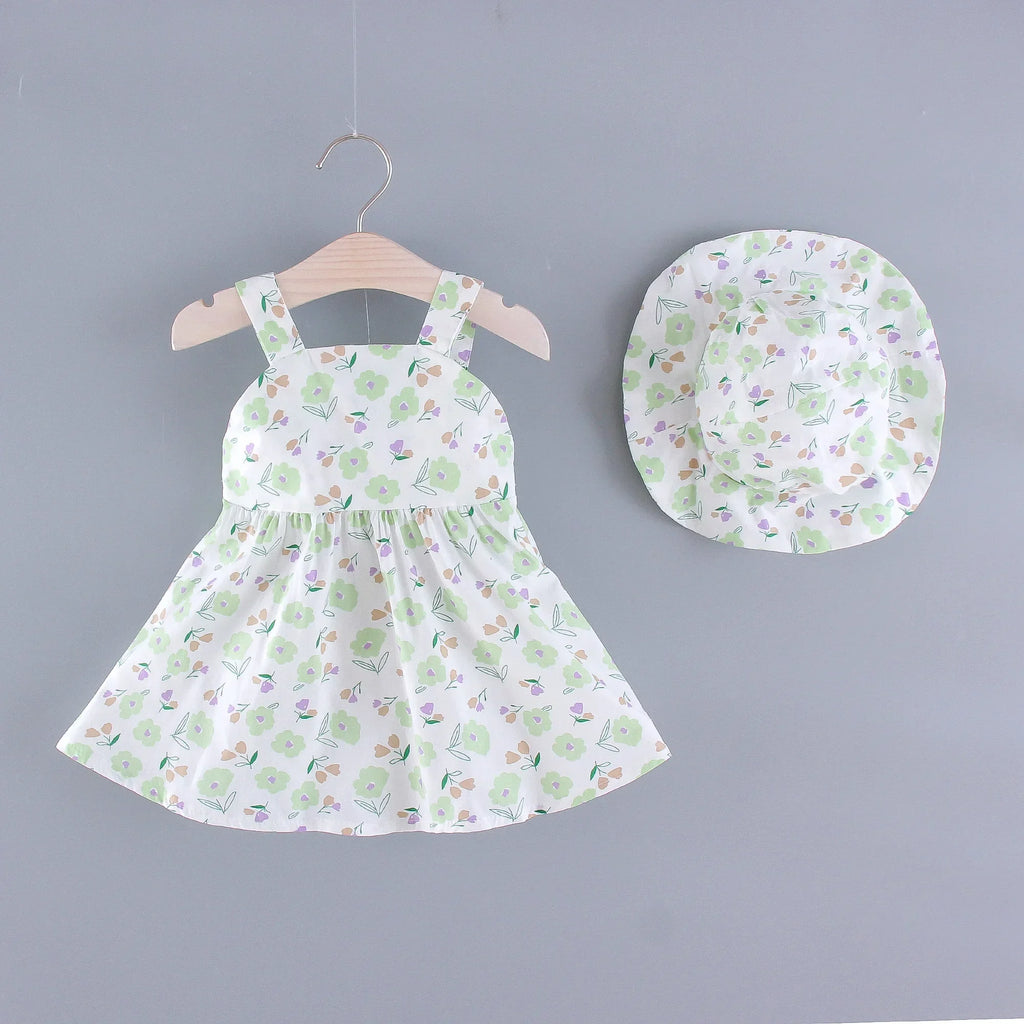 Girls' New Summer Dress Children's Small Flower Print Back Elastic Waist Solid Bow Princess Dress and Hat Two Piece Set