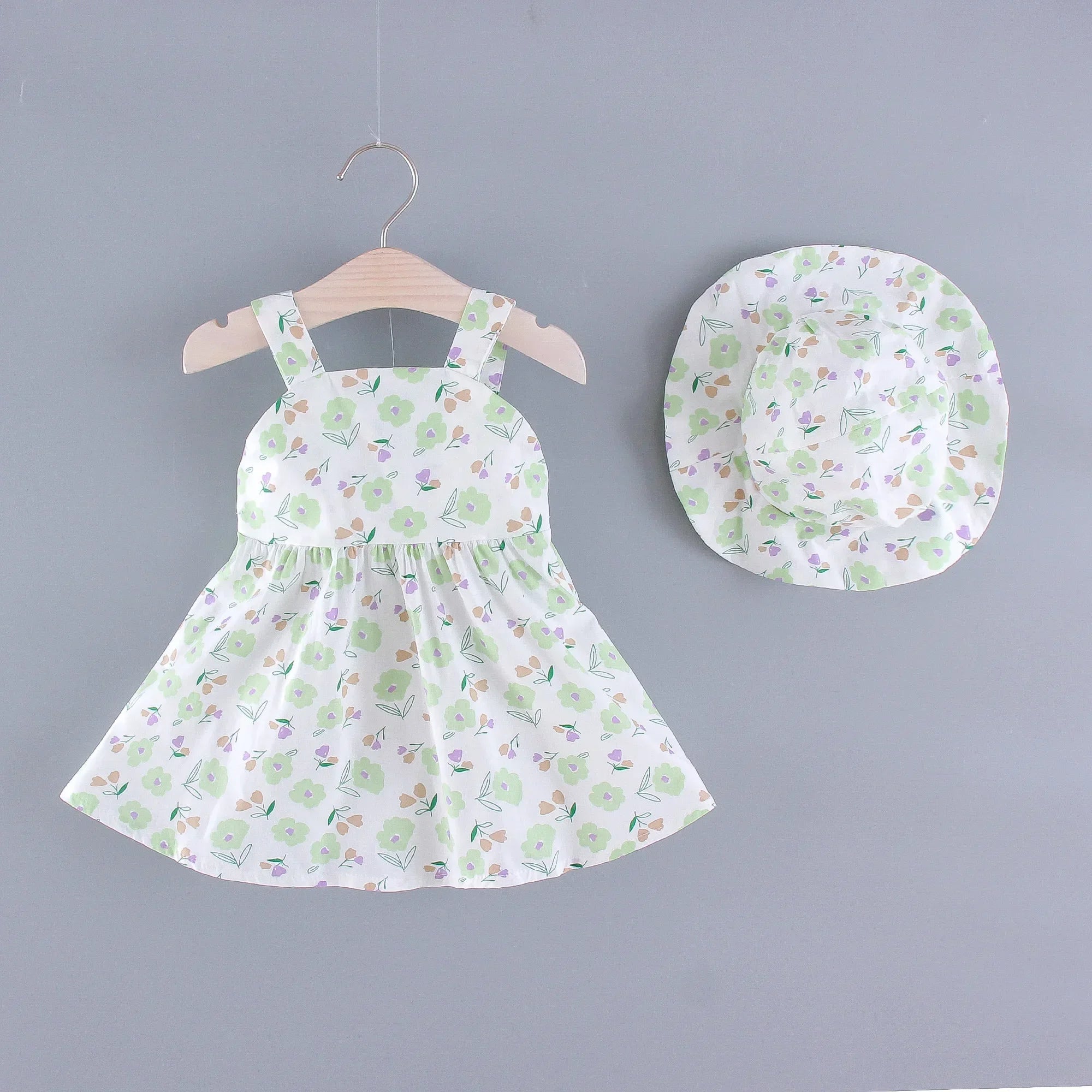 Girls' New Summer Dress Children's Small Flower Print Back Elastic Waist Solid Bow Princess Dress and Hat Two Piece Set